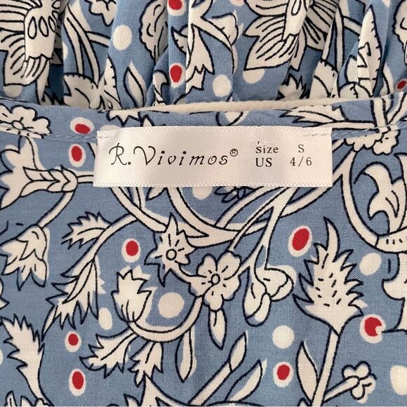 R. Vivimos blue and white floral long elastic sleeve Dress, tassel closure, Sz S - Picture 13 of 13